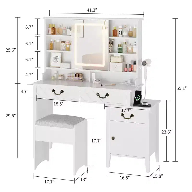 Garvee Vanity Desk with Sliding Mirror & Lights, White Vanity with Stool, Retractable and with Charging Station, Hair Dryer Rack, Drawers & Cabinet