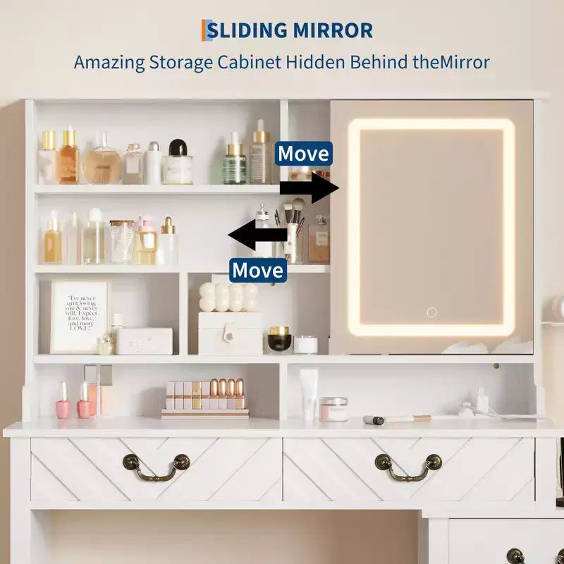 Garvee Vanity Desk with Sliding Mirror & Lights, White Vanity with Stool, Retractable and with Charging Station, Hair Dryer Rack, Drawers & Cabinet