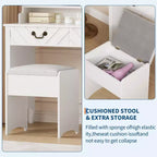 Garvee Vanity Desk with Sliding Mirror & Lights, White Vanity with Stool, Retractable and with Charging Station, Hair Dryer Rack, Drawers & Cabinet