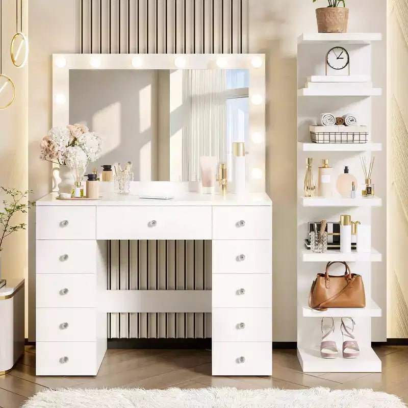 Whisen 2-in-1 Large Storage Makeup Vanity Desk, Dressing Table with Mirror, 11 Drawers, 7-Tier Storage Shelves - White