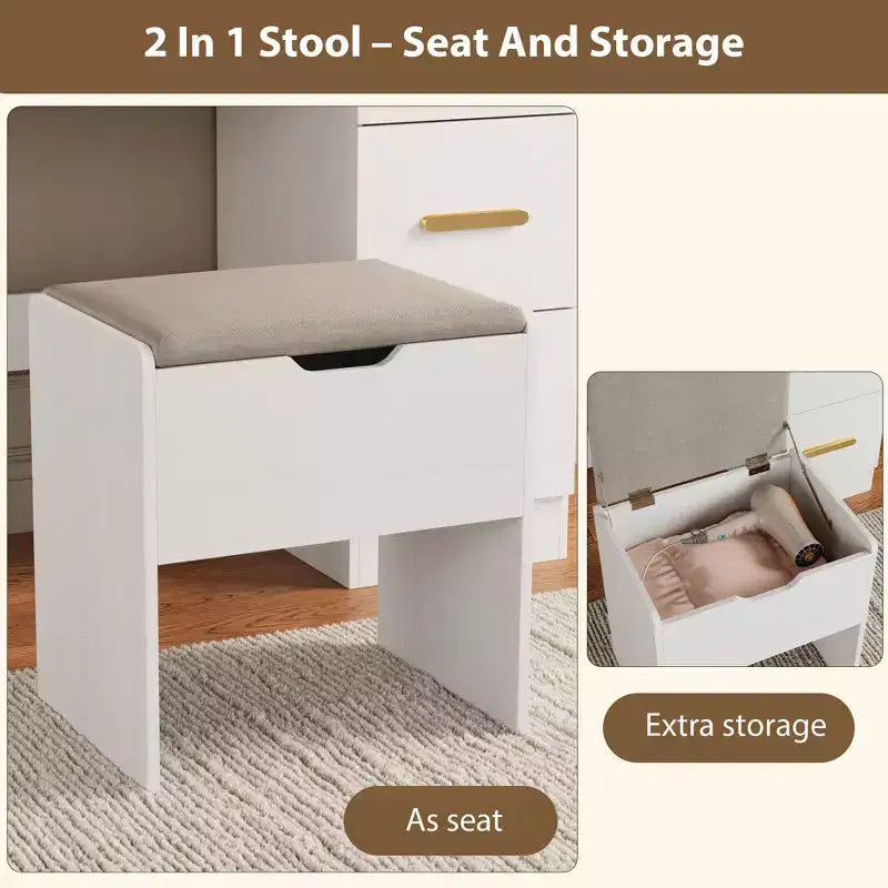 45.9 Vanity Desk with Lighted Mirror, Charging Station and 7 Drawers, Makeup Vanity Table with Storage Stool