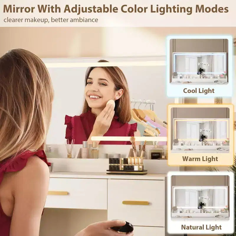 45.9 Vanity Desk with Lighted Mirror, Charging Station and 7 Drawers, Makeup Vanity Table with Storage Stool