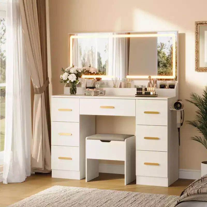 45.9 Vanity Desk with Lighted Mirror, Charging Station and 7 Drawers, Makeup Vanity Table with Storage Stool