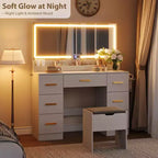 45.9 Vanity Desk with Lighted Mirror, Charging Station and 7 Drawers, Makeup Vanity Table with Storage Stool