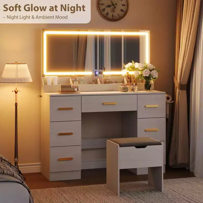 45.9 Vanity Desk with Lighted Mirror, Charging Station and 7 Drawers, Makeup Vanity Table with Storage Stool