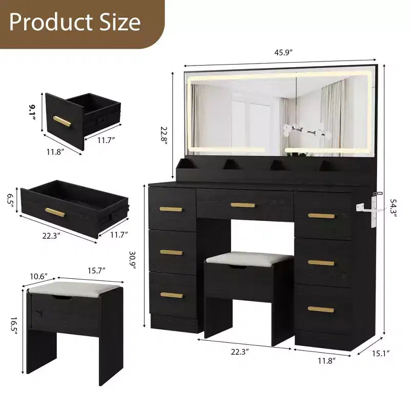 45.9 Vanity Desk with Lighted Mirror, Charging Station and 7 Drawers, Makeup Vanity Table with Storage Stool