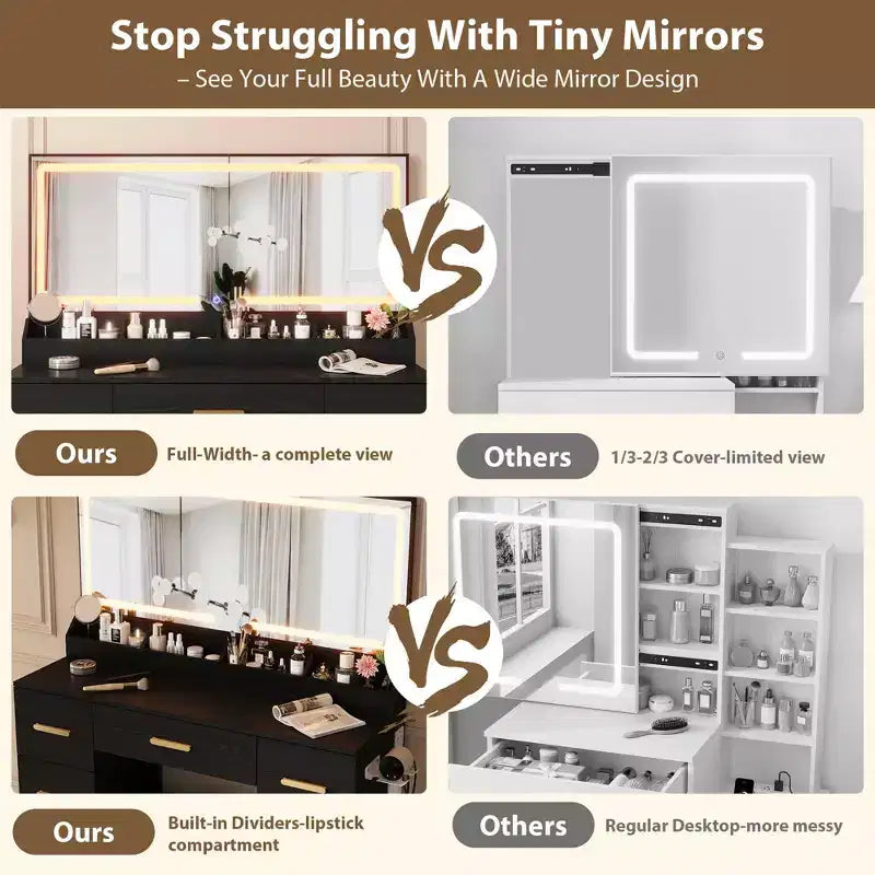 45.9 Vanity Desk with Lighted Mirror, Charging Station and 7 Drawers, Makeup Vanity Table with Storage Stool