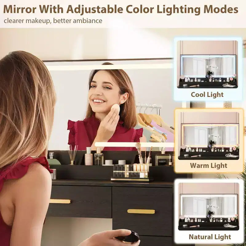 45.9 Vanity Desk with Lighted Mirror, Charging Station and 7 Drawers, Makeup Vanity Table with Storage Stool