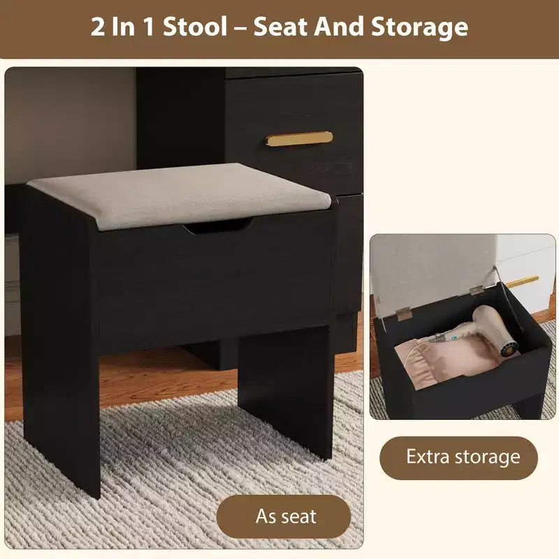 45.9 Vanity Desk with Lighted Mirror, Charging Station and 7 Drawers, Makeup Vanity Table with Storage Stool