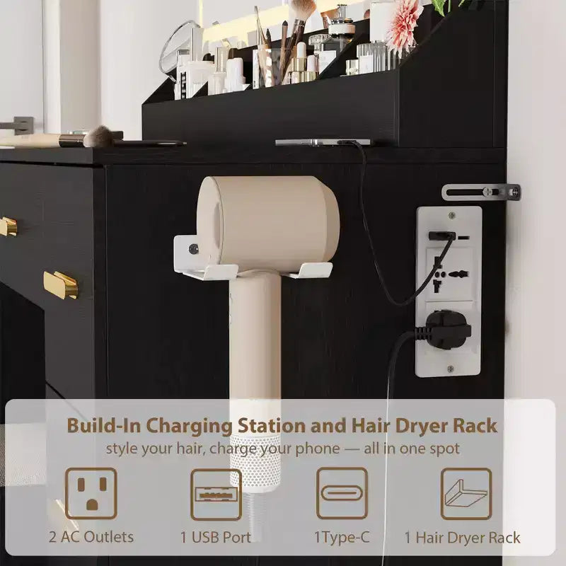 45.9 Vanity Desk with Lighted Mirror, Charging Station and 7 Drawers, Makeup Vanity Table with Storage Stool