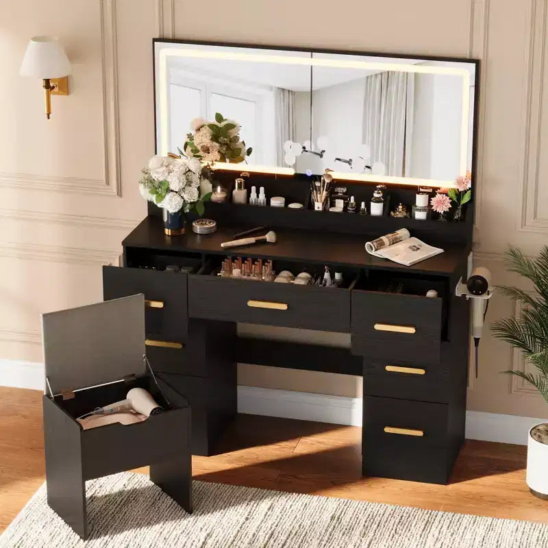 45.9 Vanity Desk with Lighted Mirror, Charging Station and 7 Drawers, Makeup Vanity Table with Storage Stool