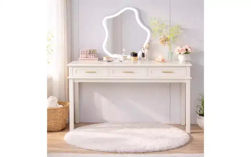 Cremeweißer Schminktisch mit 3 Schubladen, moderner Schmink- oder Schreibtisch fürs Schlafzimmer