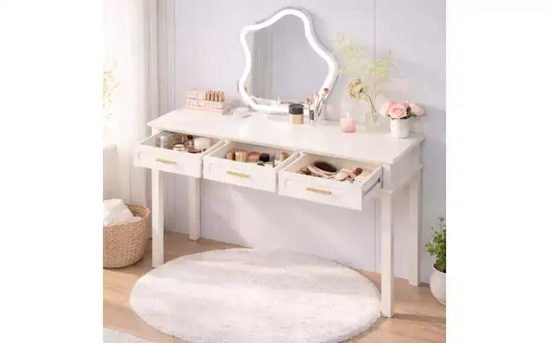 Cremeweißer Schminktisch mit 3 Schubladen, moderner Schmink- oder Schreibtisch fürs Schlafzimmer