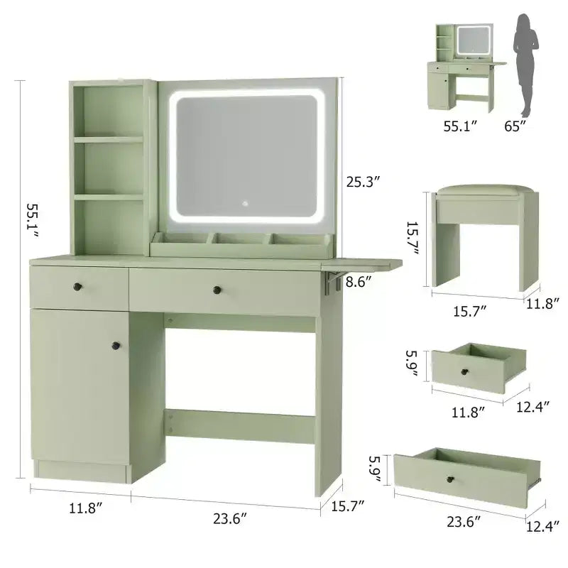Schminktisch-Set mit Spiegel, Schublade, Aufbewahrungsstuhl und 3 Regalen, süßer kleiner Frisiertisch für Schlafzimmer, Studentenwohnheim, Teenager oder als Geschenk