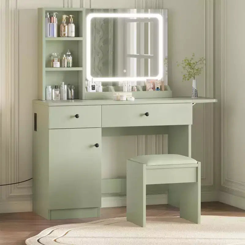 Juego de tocador de maquillaje con espejo, cajón, silla con almacenamiento y 3 estantes, lindo tocador pequeño para dormitorio, residencia universitaria, adolescente o regalo