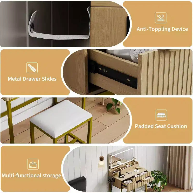 Schminktisch mit Spiegel und Beleuchtung, Schminktisch mit Aufbewahrungsschubladen und Hocker, kleines Schminktisch-Set fürs Schlafzimmer, Frisiertisch mit LED-beleuchtetem Spiegel