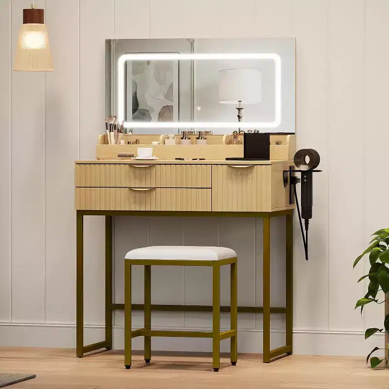 Schminktisch mit Spiegel und Beleuchtung, Schminktisch mit Aufbewahrungsschubladen und Hocker, kleines Schminktisch-Set fürs Schlafzimmer, Frisiertisch mit LED-beleuchtetem Spiegel
