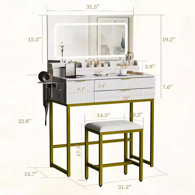 Schminktisch mit Spiegel und Beleuchtung, Schminktisch mit Aufbewahrungsschubladen und Hocker, kleines Schminktisch-Set fürs Schlafzimmer, Frisiertisch mit LED-beleuchtetem Spiegel