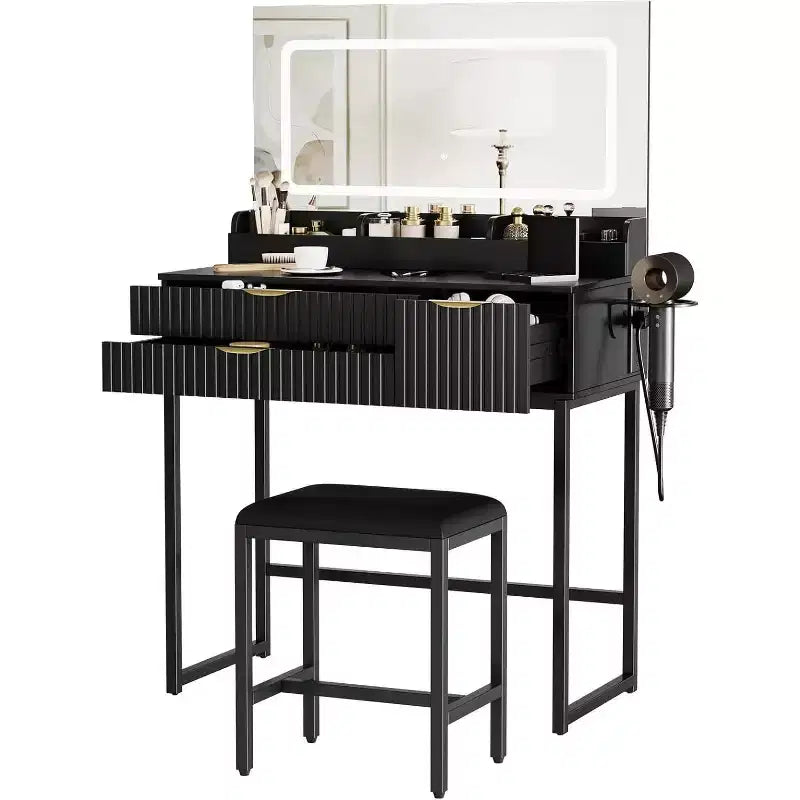 Schminktisch mit Spiegel und Beleuchtung, Schminktisch mit Aufbewahrungsschubladen und Hocker, kleines Schminktisch-Set fürs Schlafzimmer, Frisiertisch mit LED-beleuchtetem Spiegel
