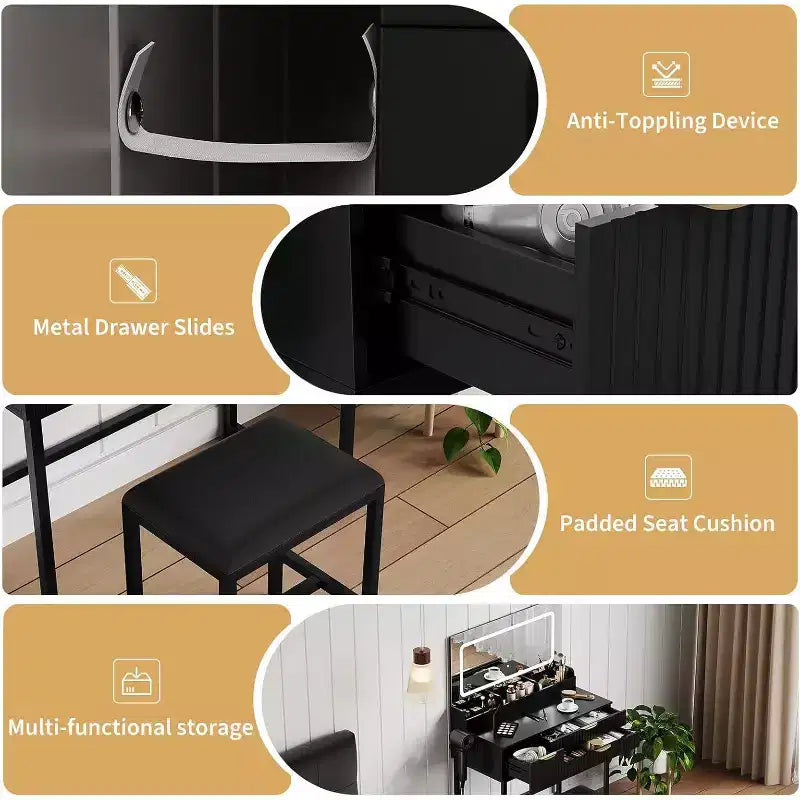 Schminktisch mit Spiegel und Beleuchtung, Schminktisch mit Aufbewahrungsschubladen und Hocker, kleines Schminktisch-Set fürs Schlafzimmer, Frisiertisch mit LED-beleuchtetem Spiegel