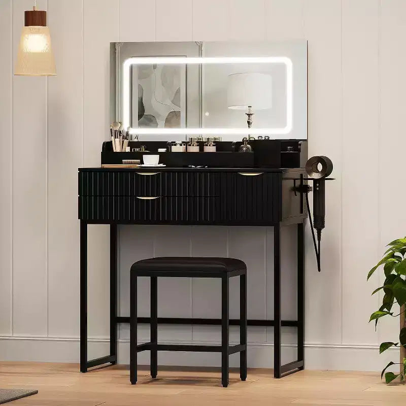 Schminktisch mit Spiegel und Beleuchtung, Schminktisch mit Aufbewahrungsschubladen und Hocker, kleines Schminktisch-Set fürs Schlafzimmer, Frisiertisch mit LED-beleuchtetem Spiegel
