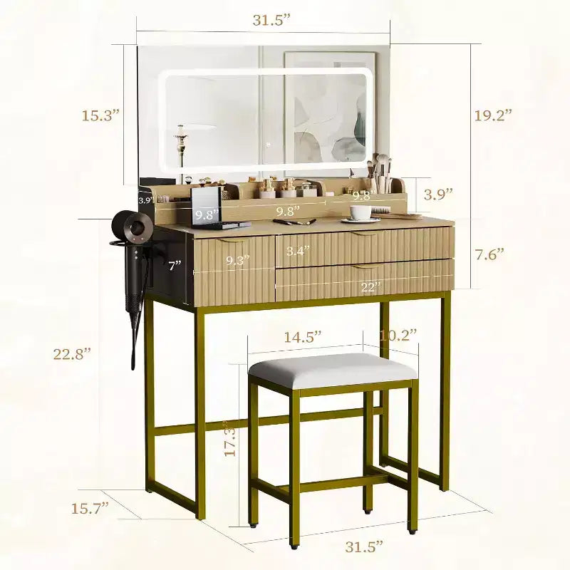 Schminktisch mit Spiegel und Beleuchtung, Schminktisch mit Aufbewahrungsschubladen und Hocker, kleines Schminktisch-Set fürs Schlafzimmer, Frisiertisch mit LED-beleuchtetem Spiegel