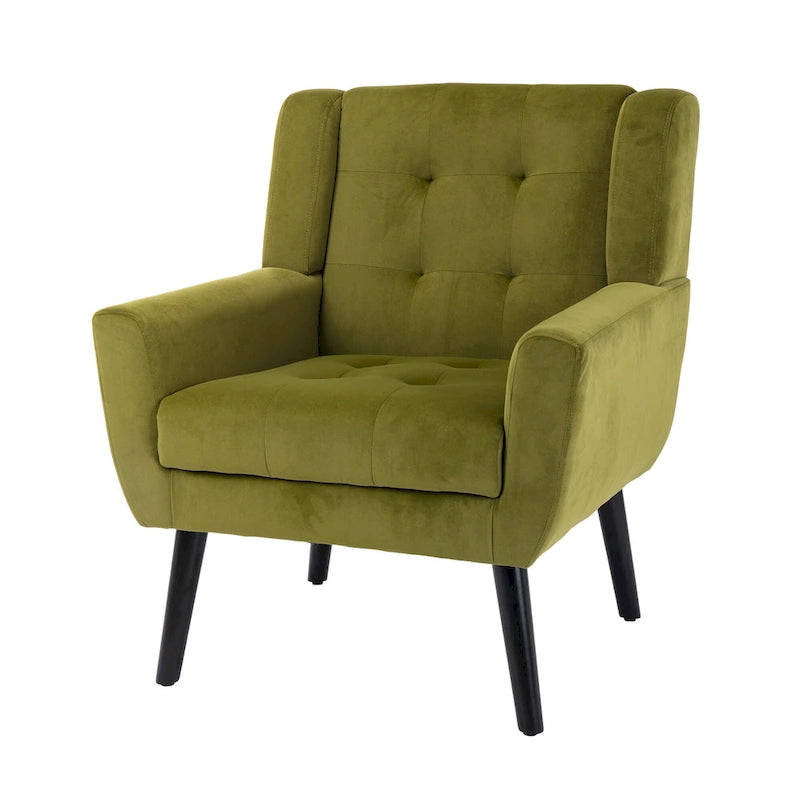 Poltrona decorativa imbottita trapuntata in velluto verde da 29.53 con gambe in legno massello nero