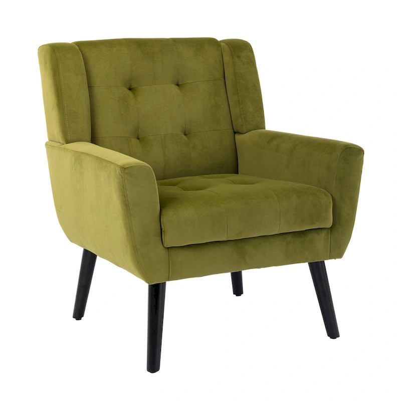 Poltrona decorativa imbottita trapuntata in velluto verde da 29.53 con gambe in legno massello nero