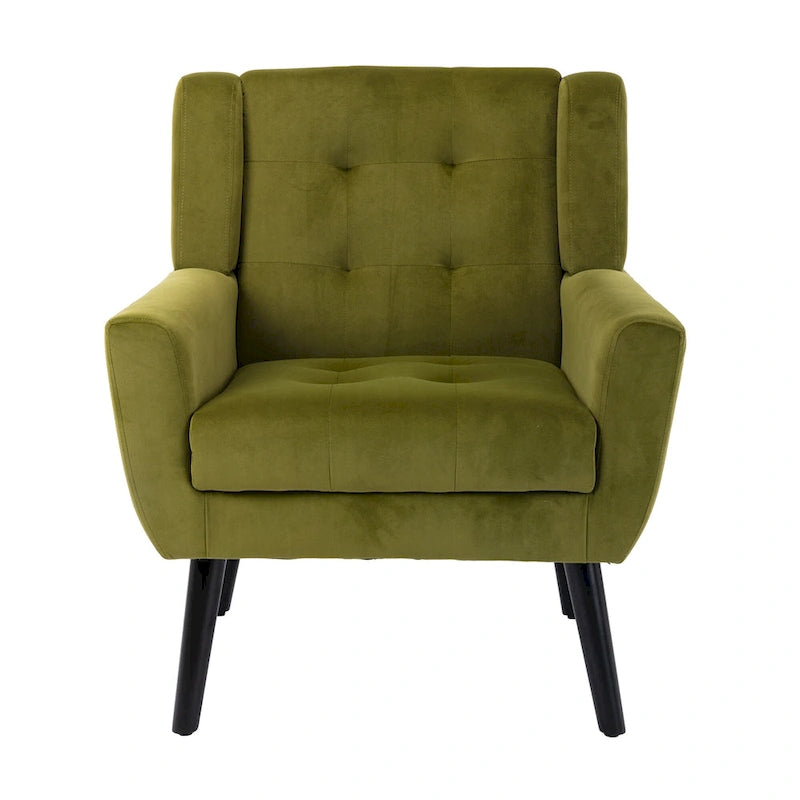 Poltrona decorativa imbottita trapuntata in velluto verde da 29.53 con gambe in legno massello nero