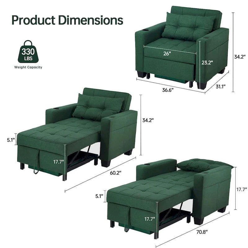 Poltrona letto futon convertibile 3-in-1, poltrona letto estraibile per il soggiorno