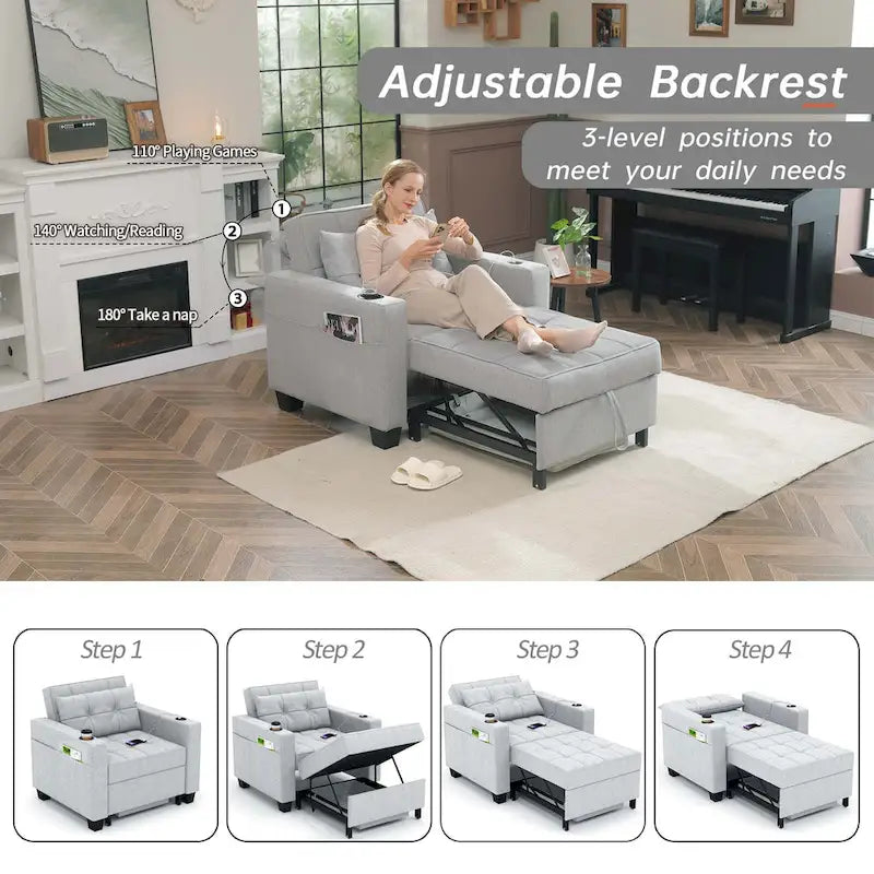 Poltrona letto futon convertibile 3-in-1, poltrona letto estraibile per il soggiorno