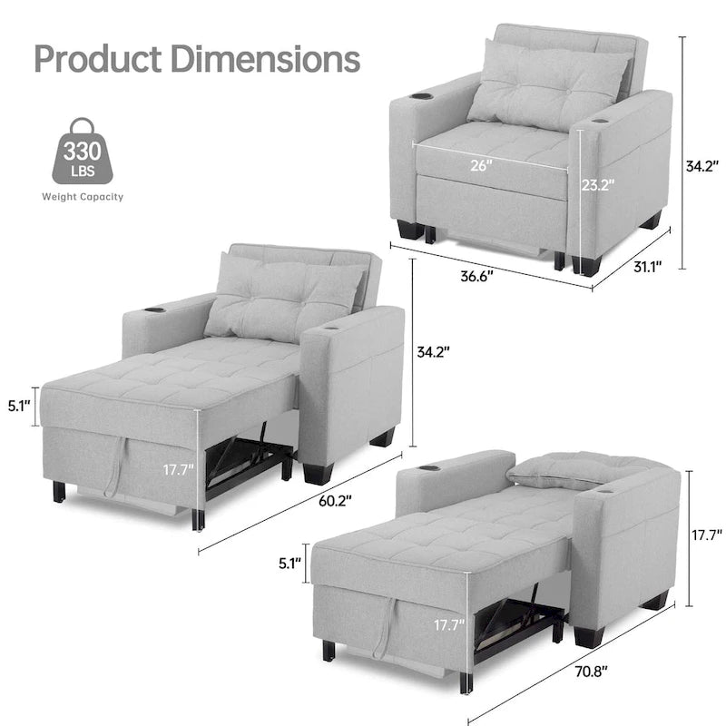 Poltrona letto futon convertibile 3-in-1, poltrona letto estraibile per il soggiorno