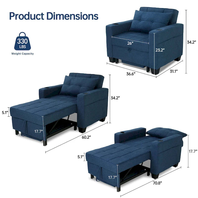 Poltrona letto futon convertibile 3-in-1, poltrona letto estraibile per il soggiorno