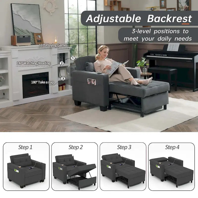 Poltrona letto futon convertibile 3-in-1, poltrona letto estraibile per il soggiorno