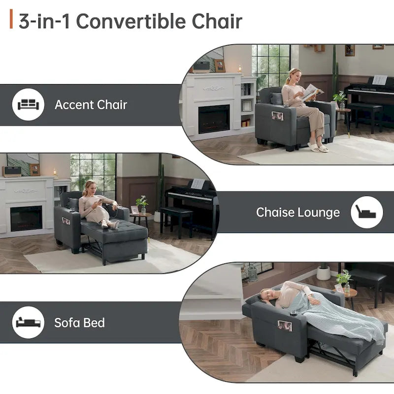 Poltrona letto futon convertibile 3-in-1, poltrona letto estraibile per il soggiorno