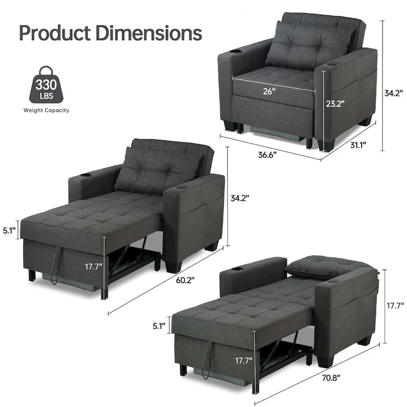 Poltrona letto futon convertibile 3-in-1, poltrona letto estraibile per il soggiorno