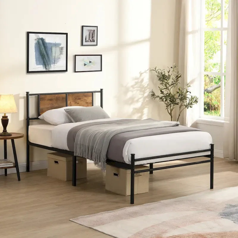 Metal Platform Bed with Wood Panel Decoration Headboard