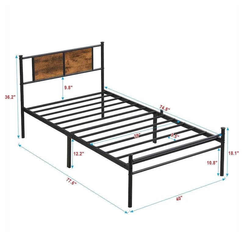 Metal Platform Bed with Wood Panel Decoration Headboard