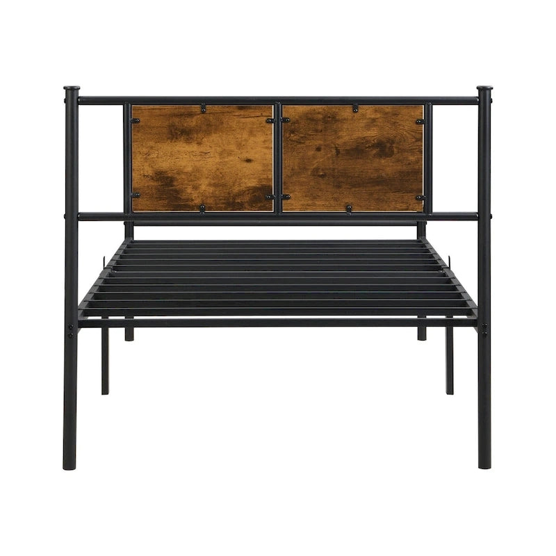Metal Platform Bed with Wood Panel Decoration Headboard