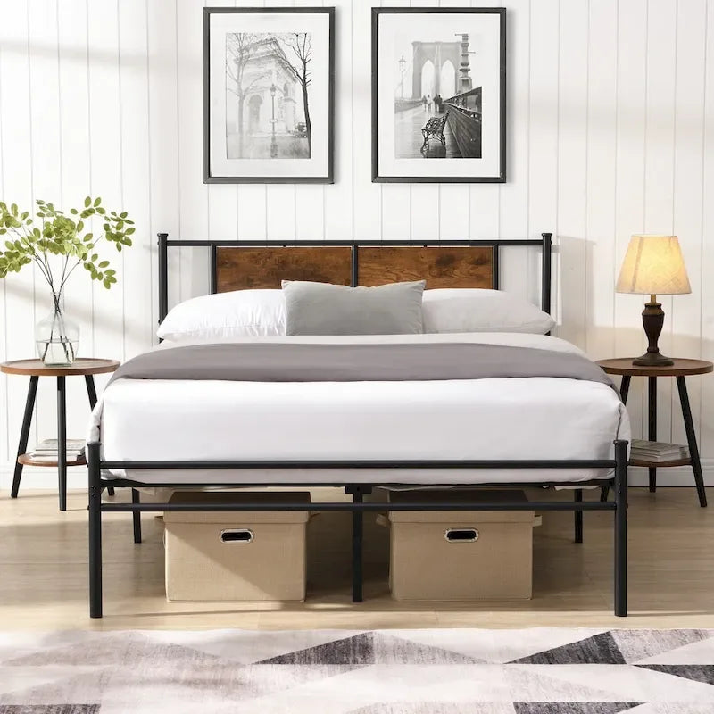 Metal Platform Bed with Wood Panel Decoration Headboard