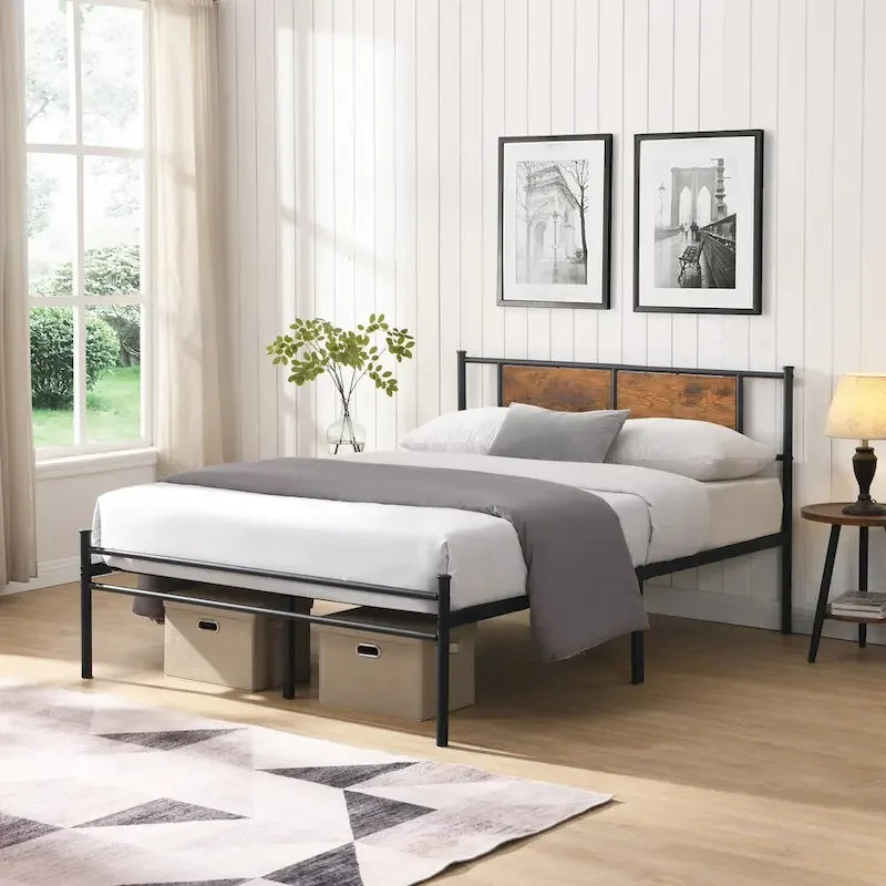 Metal Platform Bed with Wood Panel Decoration Headboard