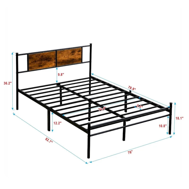 Metal Platform Bed with Wood Panel Decoration Headboard