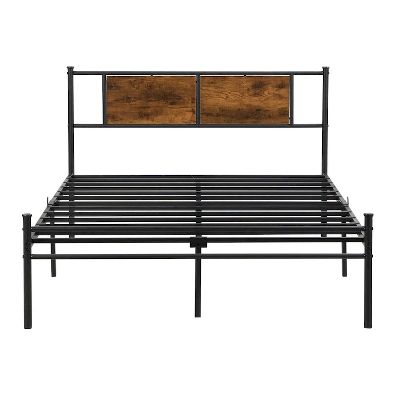 Metal Platform Bed with Wood Panel Decoration Headboard