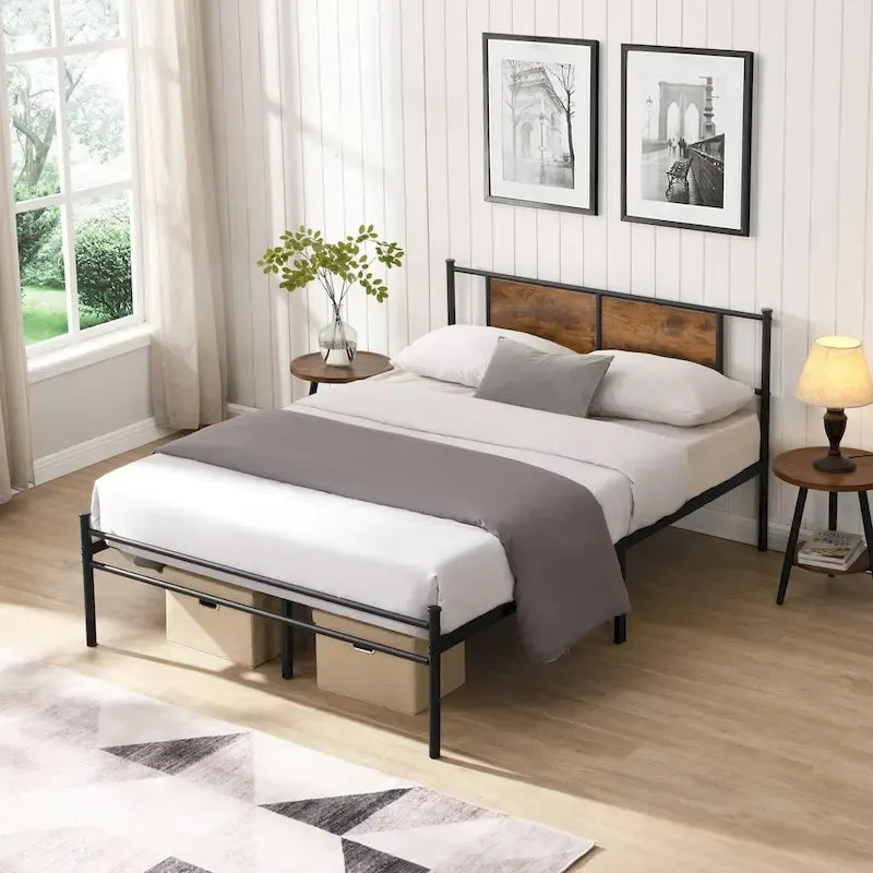 Metal Platform Bed with Wood Panel Decoration Headboard