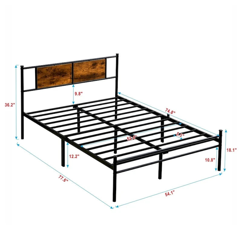 Metal Platform Bed with Wood Panel Decoration Headboard