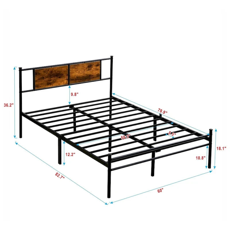 Metal Platform Bed with Wood Panel Decoration Headboard
