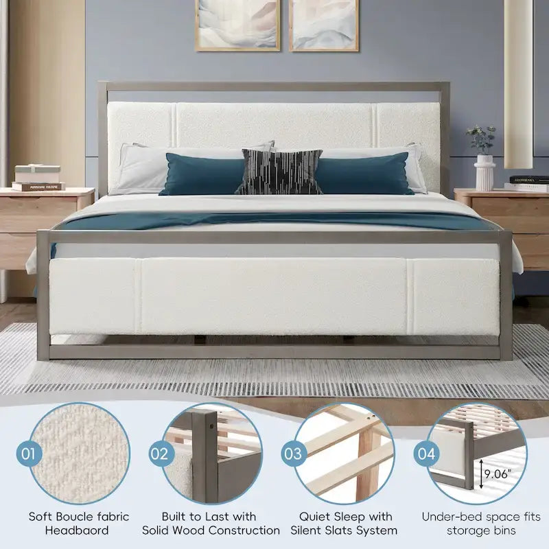 King Platform Bed with Ivory Boucle Fabric Headboard