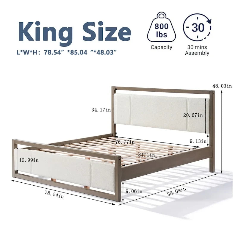 King Platform Bed with Ivory Boucle Fabric Headboard