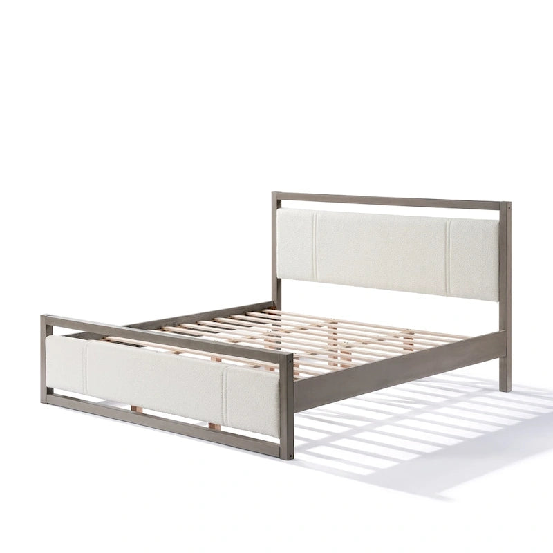 King-Size-Plattformbett mit Kopfteil aus elfenbeinfarbenem Bouclé-Stoff