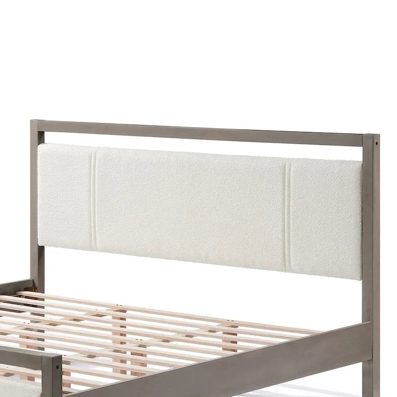 King-Size-Plattformbett mit Kopfteil aus elfenbeinfarbenem Bouclé-Stoff